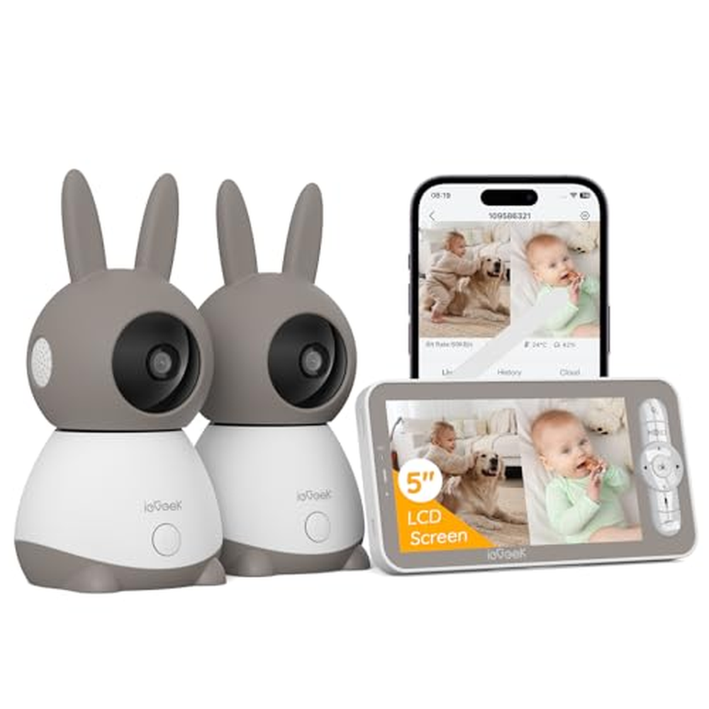 ieGeek chůvička se 2 kamerami 2K/3MP, 5" WiFi video chůvička PTZ 355°, IR noční vidění, automatické sledování, detekce pláče/po